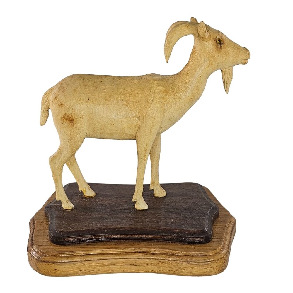Wooden Goat Figurine On Dual-Tone Base By RJ Grufik Antelope Ram Sheep